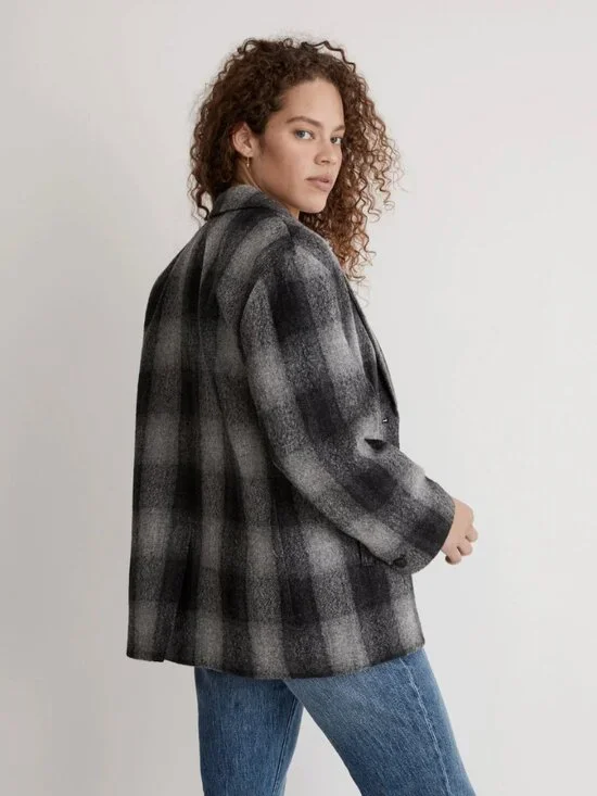 Madewell The Oversized Dorset Blazer Buffalo Check Boiled Wool, Grey/Black, XS - Picture 4 of 13